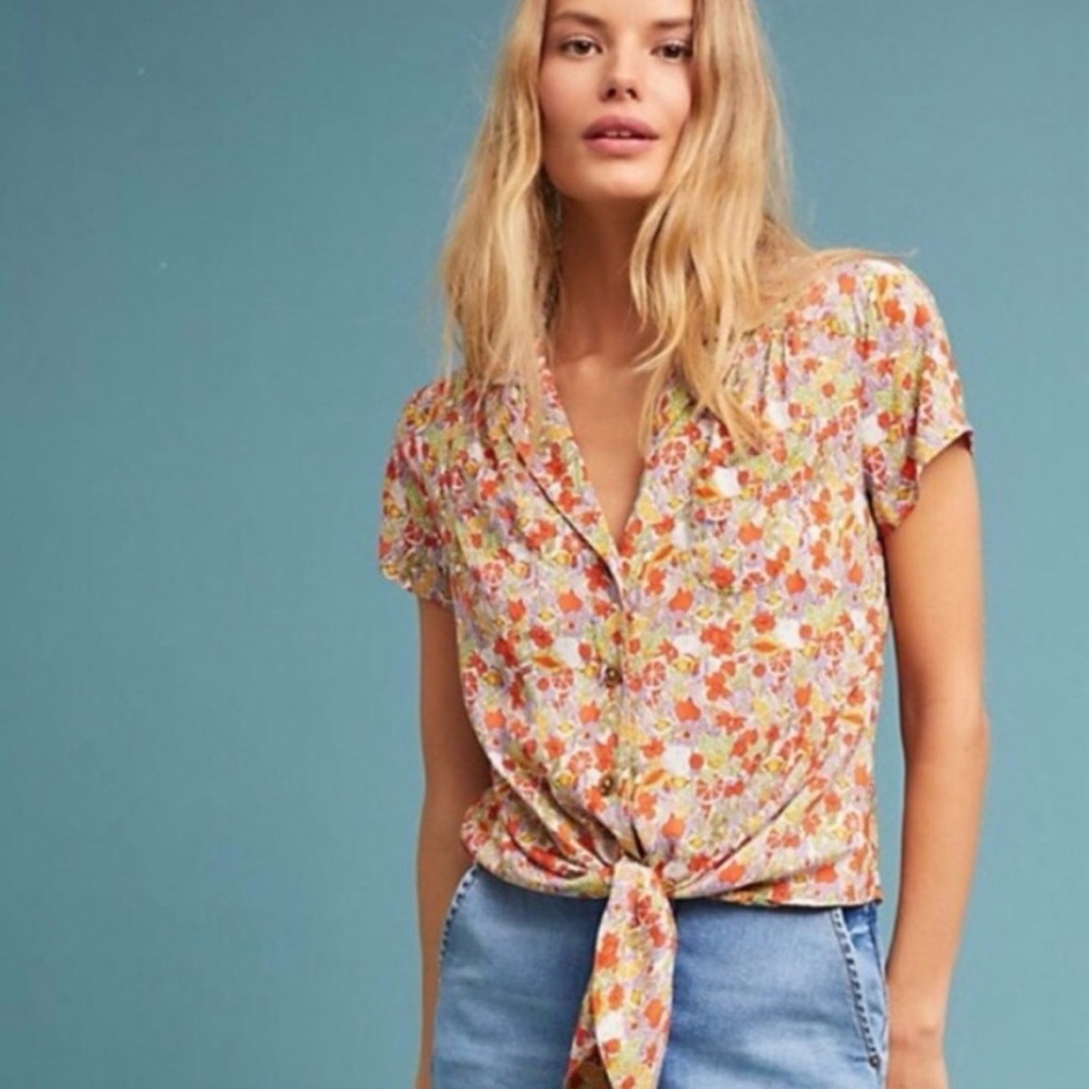 Anthropologie Floral Tie-Front Blouse - Multicolor